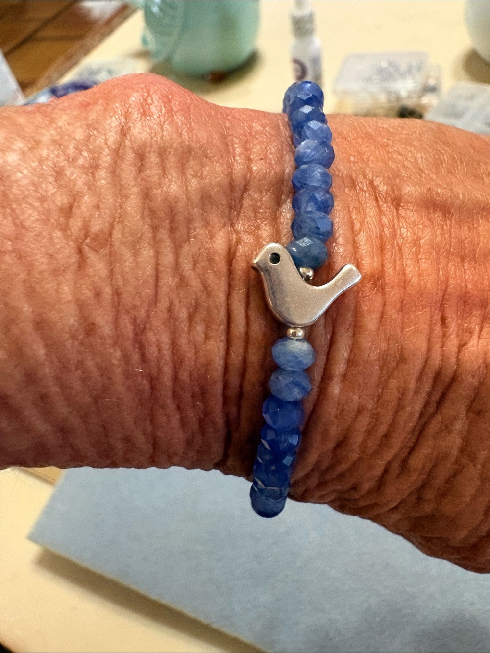Delicate FacetedBlue Kyanite Beaded Bracelet with Silver Bird Accent 7.5 inches - Picture 4 of 5